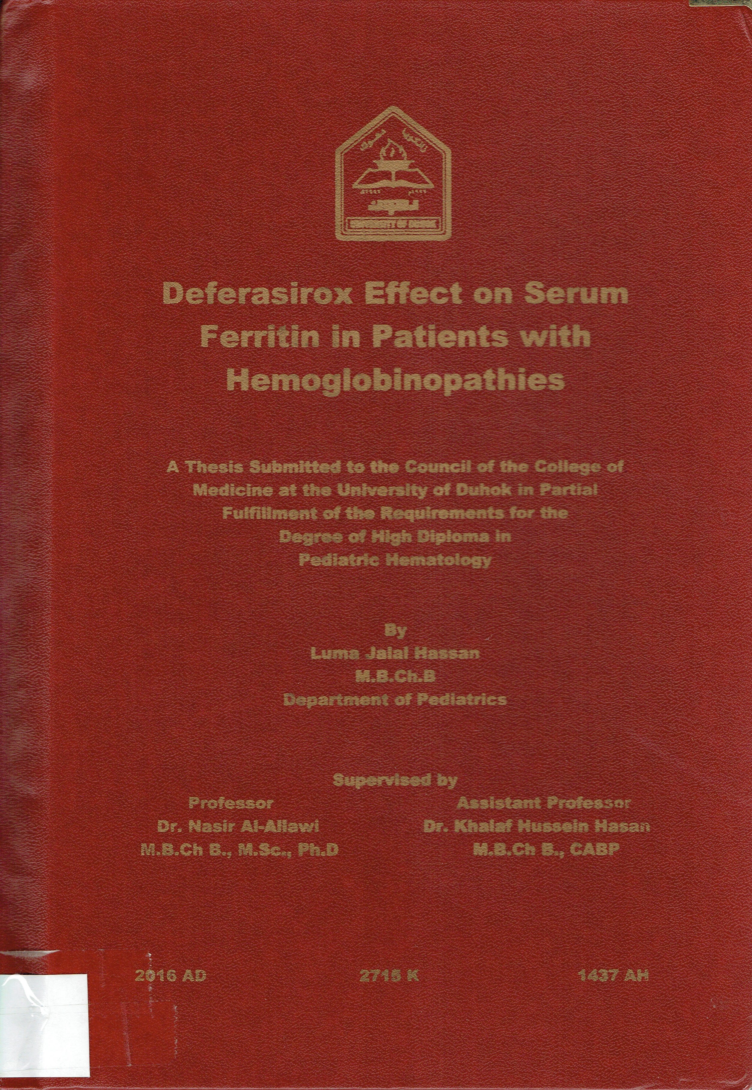 Deferasirox Effect On  Serum Ferritin  in Patients With Hemoglobinopathies
